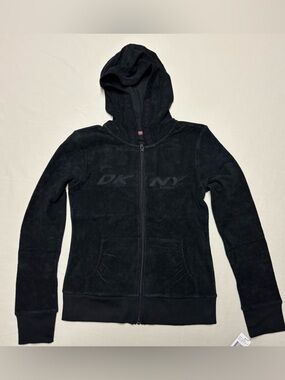 DKNY Black Full-Zip Hooded Terry Hoodie with Lace Detail